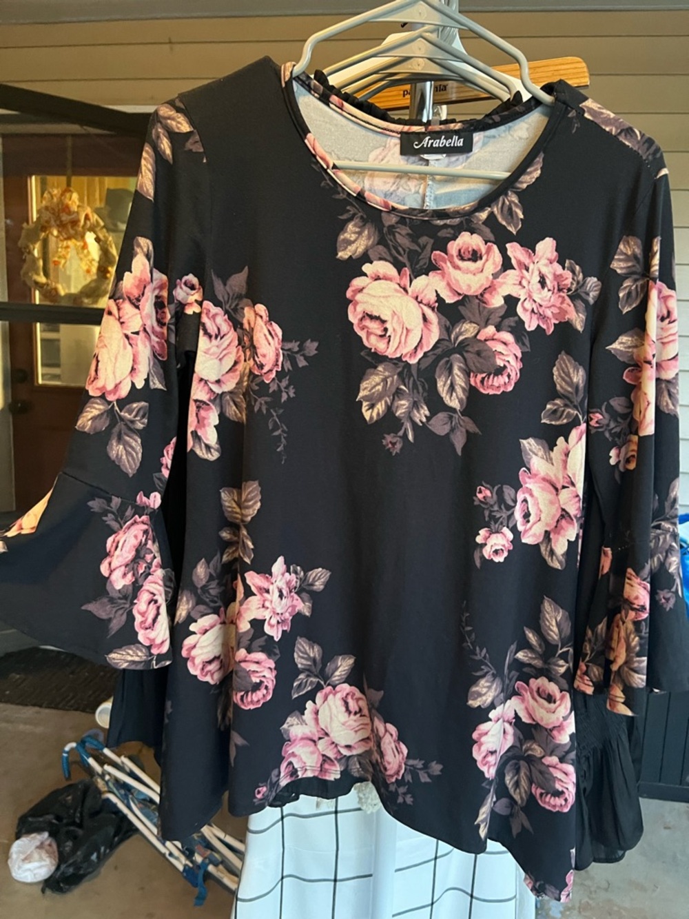 Black Floral Bell-Sleeve Women's Top